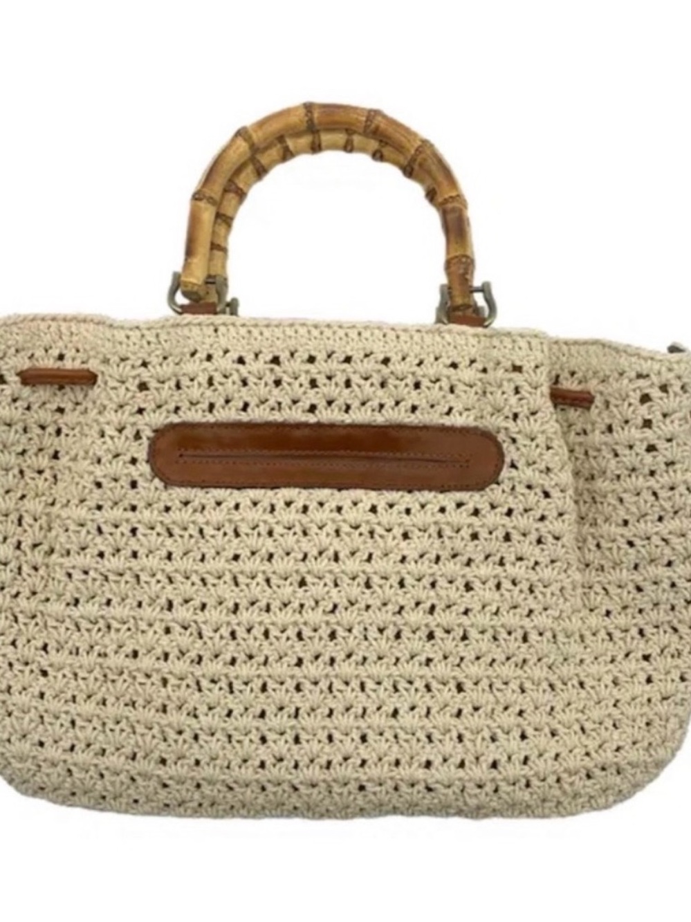 Patricia Nash Straw Crochet Floral Tote Bag with Bamboo Handles Natural - Picture 3 of 5